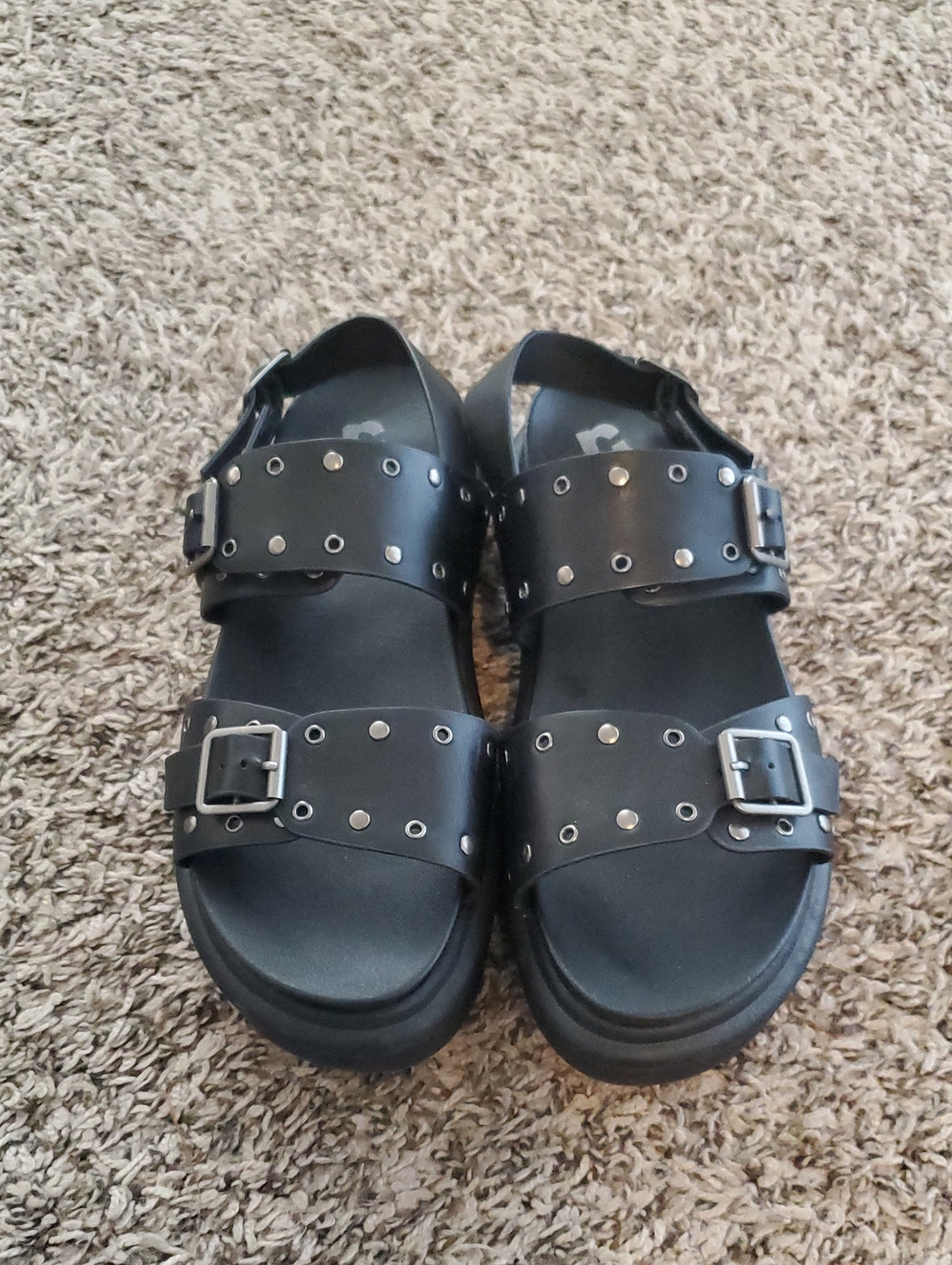 Report Black Studded Double-Buckle Platform Sandals